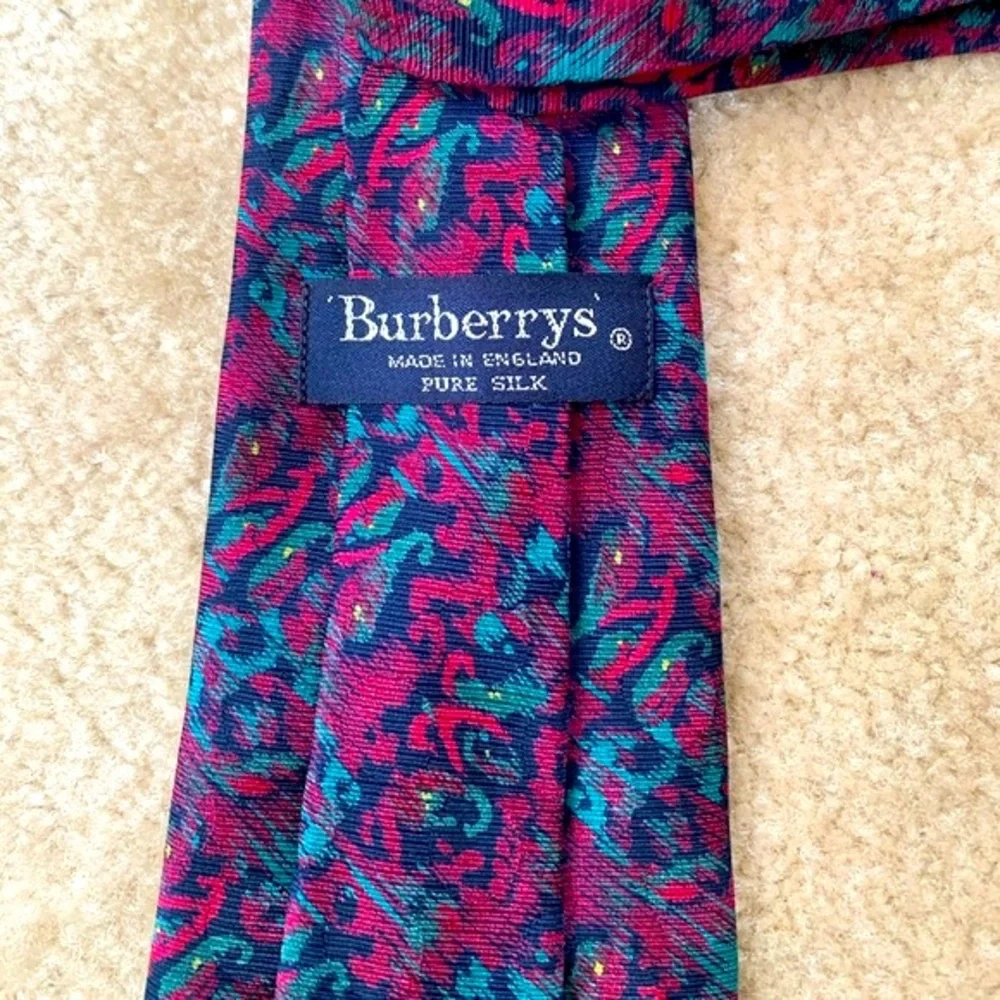 Burberry Teal Navy Blue And Burgundy Silk Tie